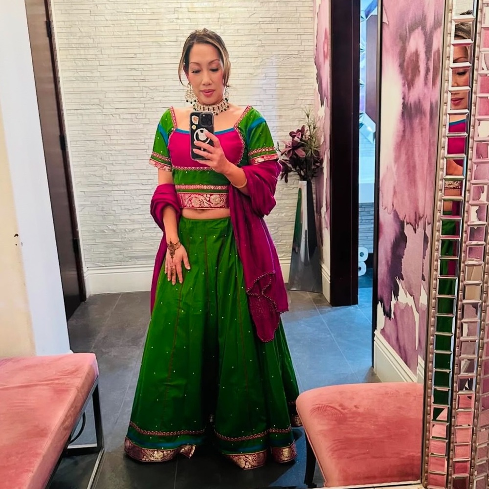 Vibrant Green and Pink Lehenga Choli - Indian Wedding Guest Dress